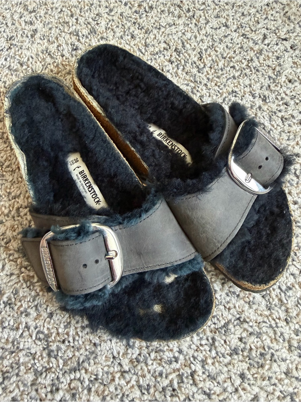 Birkenstock Black Furry Madrid Slip-On Clogs with Silver Buckle EU 38